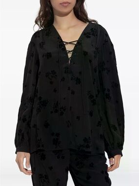 Zadig & Voltaire Black Floral Burnout Lace-Up Blouse